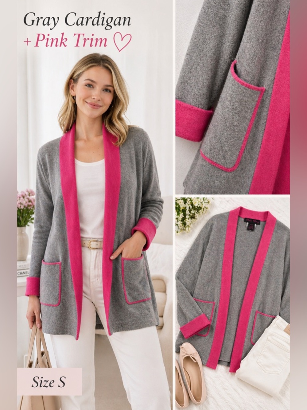 Gray Cardigan Pink Trim Women’s Small | Preppy Button Front Sweater